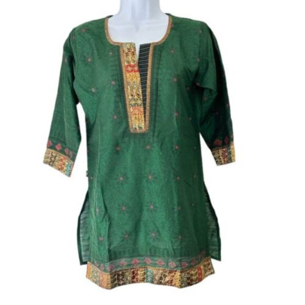 Signature‎ Boutique Women's NWT SZ L 32 Green Embroidered Traditional Tunic Top
